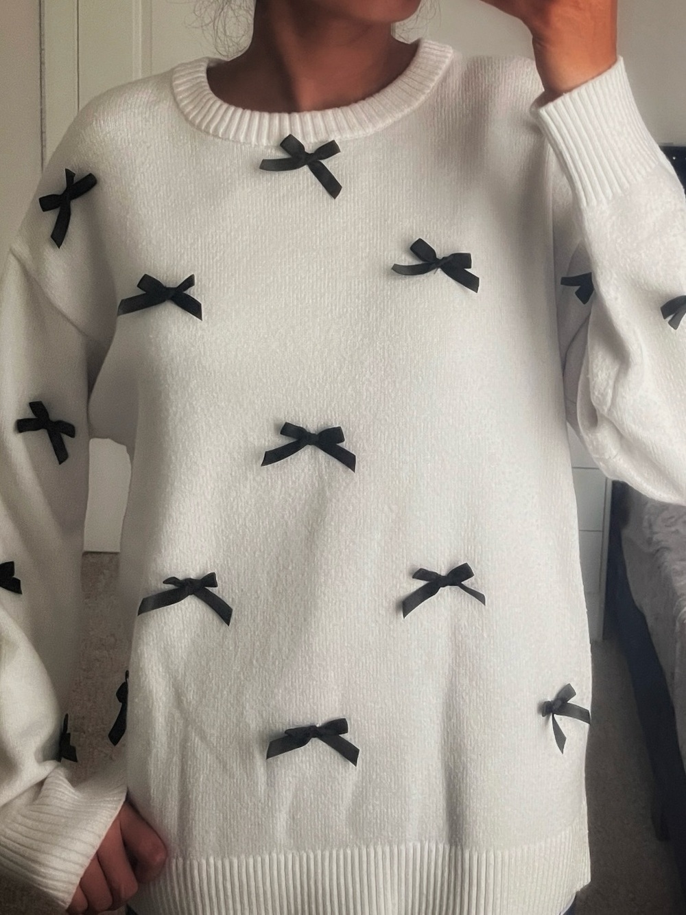 Streetwear Society White Crewneck Sweater with Black Bow Accents